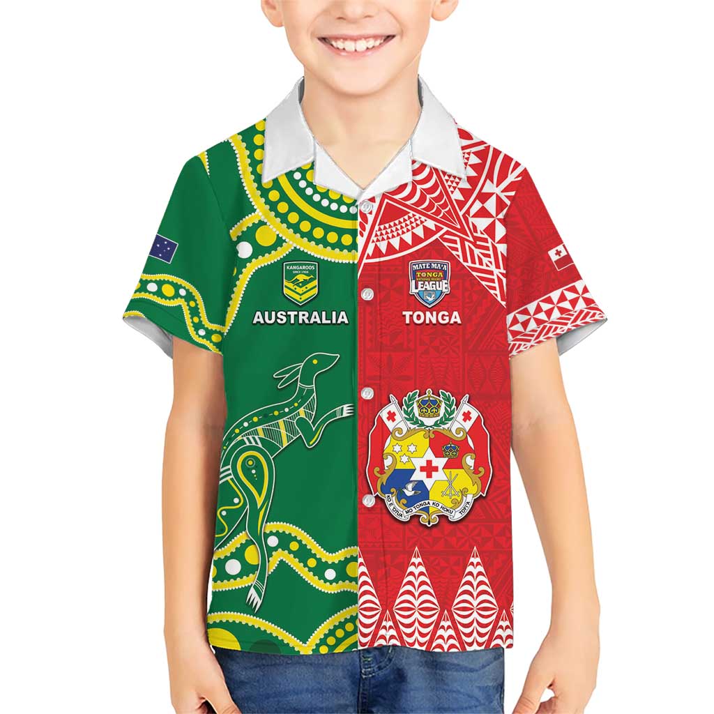 Custom Tonga XIII And Australia Kangaroos Family Matching Short Sleeve Bodycon Dress and Hawaiian Shirt Mate Maa Tongan Ngatu With Aboriginal LT05 Son's Shirt Red - Polynesian Pride
