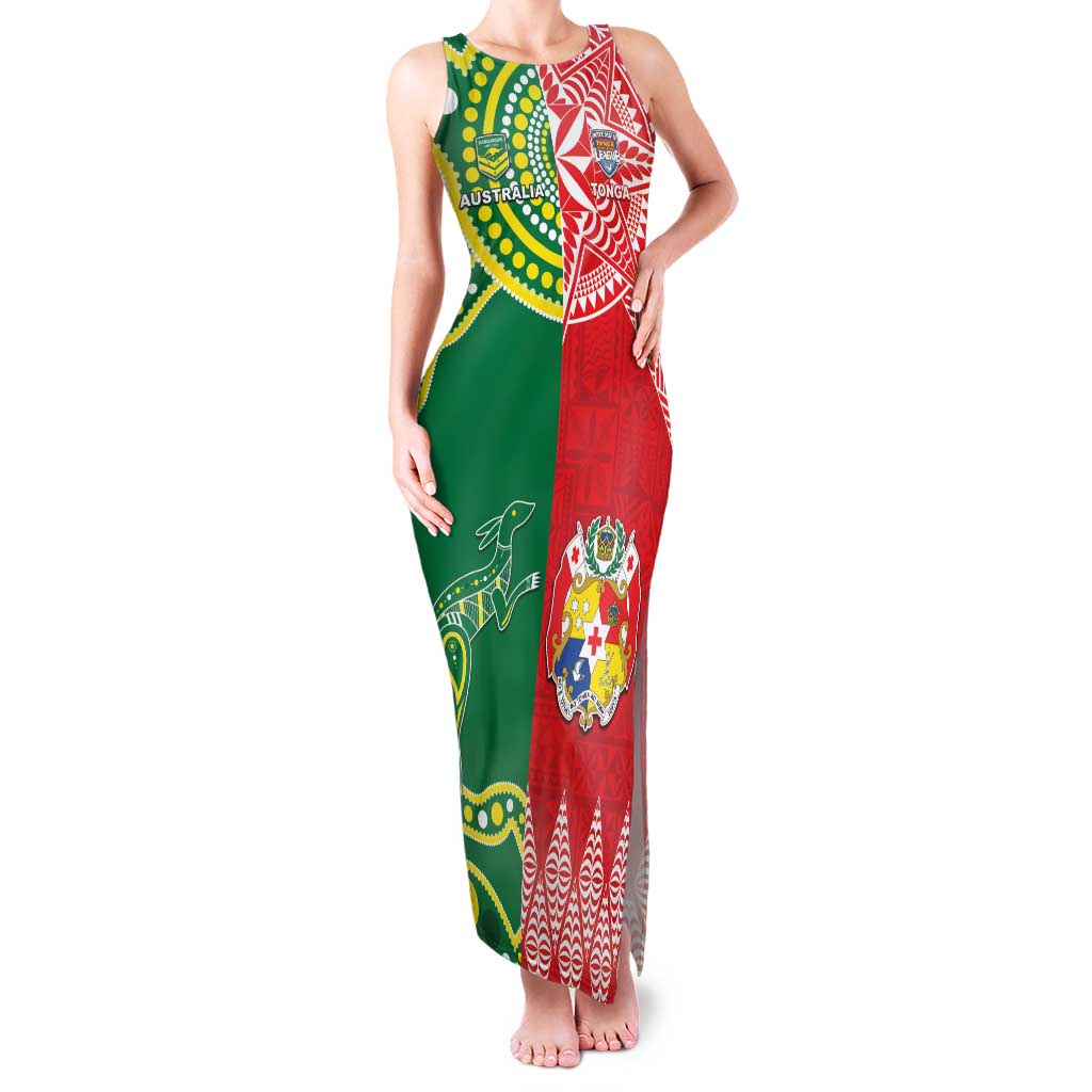 Custom Tonga XIII And Australia Kangaroos Family Matching Tank Maxi Dress and Hawaiian Shirt Mate Maa Tongan Ngatu With Aboriginal