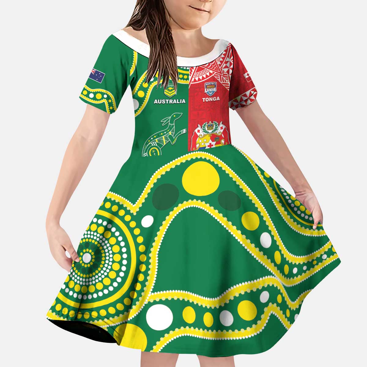 Custom Tonga XIII And Australia Kangaroos Kid Short Sleeve Dress Mate - Polynesian Pride Custom Tonga XIII And Australia Kangaroos Kid Short Sleeve Dress Mate - Polynesian Pride