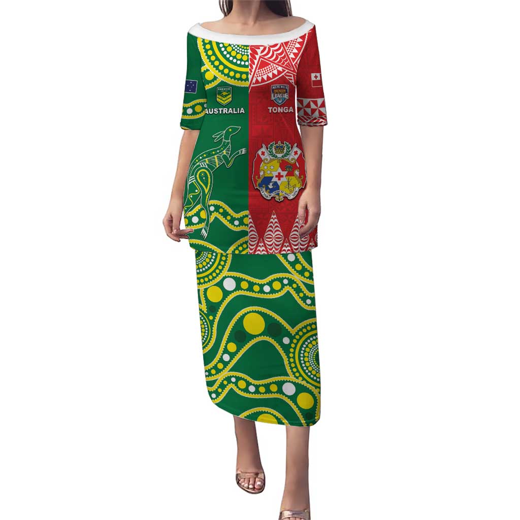 Custom Tonga XIII And Australia Kangaroos Puletasi Mate Maa Tongan Ngatu With Aboriginal