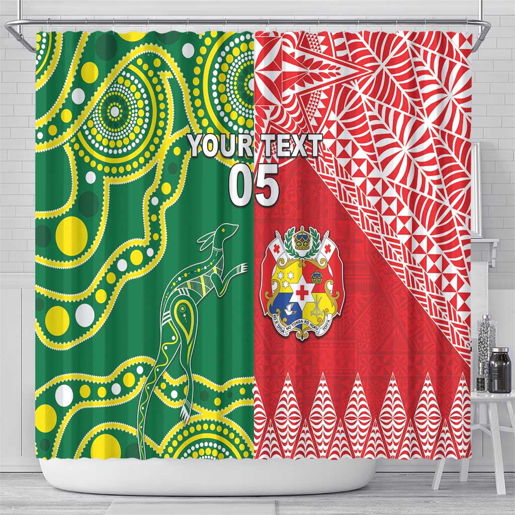 Custom Tonga XIII And Australia Kangaroos Shower Curtain Mate Maa Tongan Ngatu With Aboriginal LT05 - Polynesian Pride