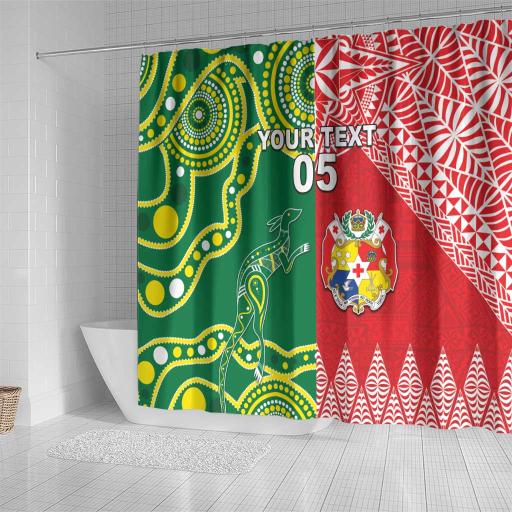 Custom Tonga XIII And Australia Kangaroos Shower Curtain Mate Maa Tongan Ngatu With Aboriginal LT05 - Polynesian Pride
