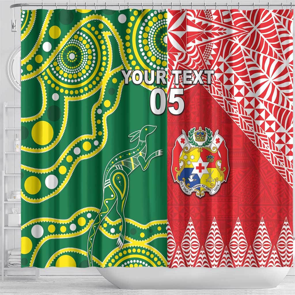 Custom Tonga XIII And Australia Kangaroos Shower Curtain Mate Maa Tongan Ngatu With Aboriginal LT05 - Polynesian Pride