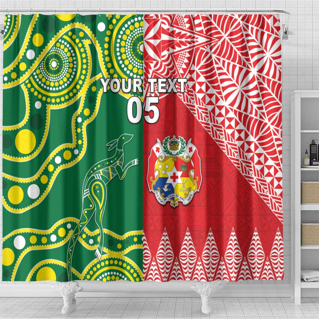 Custom Tonga XIII And Australia Kangaroos Shower Curtain Mate Maa Tongan Ngatu With Aboriginal LT05 - Polynesian Pride