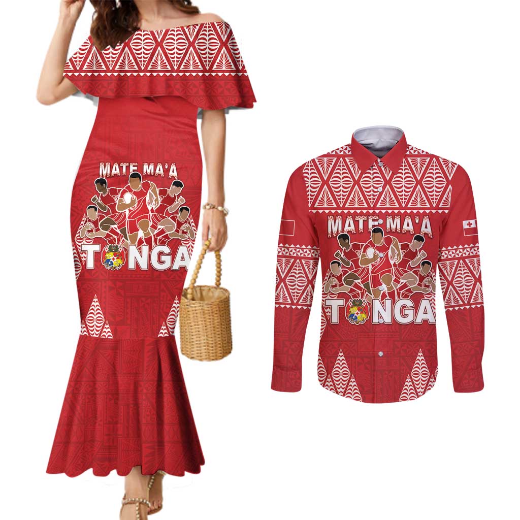 Custom Tonga Rugby Couples Matching Mermaid Dress and Long Sleeve Button Shirt Tonga Mate Ma'a Take The Lead LT05 Red - Polynesian Pride