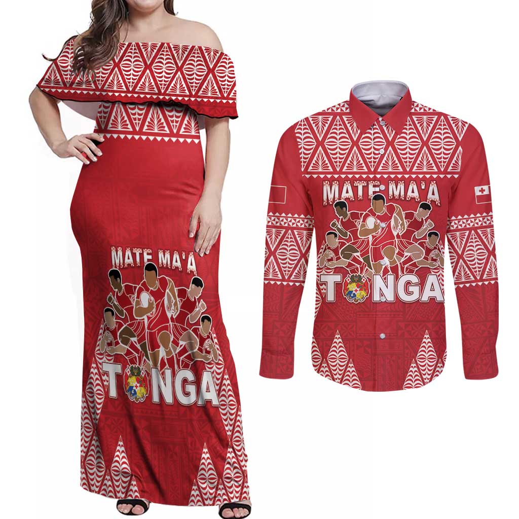 Custom Tonga Rugby Couples Matching Off Shoulder Maxi Dress and Long Sleeve Button Shirt Tonga Mate Ma'a Take The Lead LT05 Red - Polynesian Pride