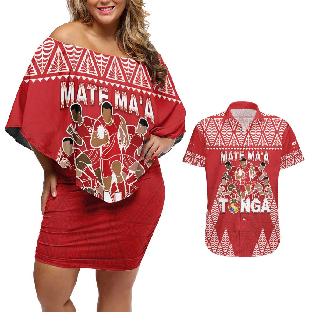 Custom Tonga Rugby Couples Matching Off Shoulder Short Dress and Hawaiian Shirt Tonga Mate Ma'a Take The Lead LT05 Red - Polynesian Pride
