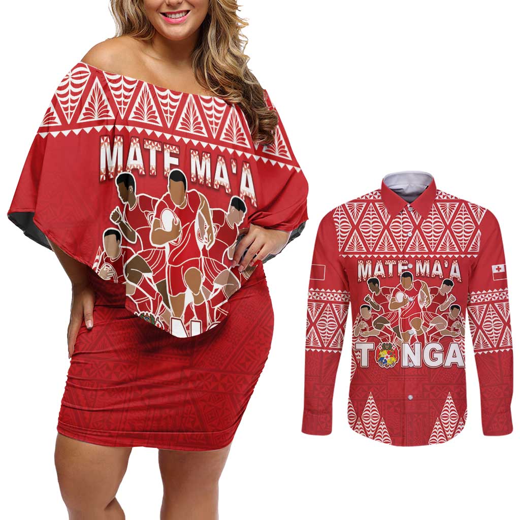 Custom Tonga Rugby Couples Matching Off Shoulder Short Dress and Long Sleeve Button Shirt Tonga Mate Ma'a Take The Lead LT05 Red - Polynesian Pride