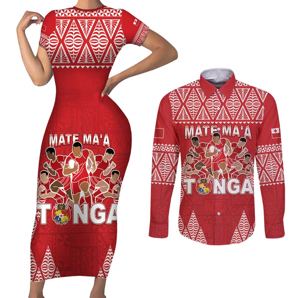 Custom Tonga Rugby Couples Matching Short Sleeve Bodycon Dress and Long Sleeve Button Shirt Tonga Mate Ma'a Take The Lead LT05 Red - Polynesian Pride