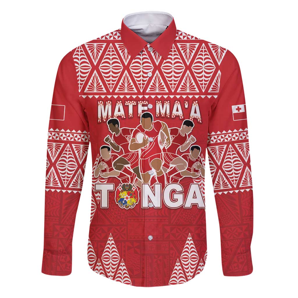 Custom Tonga Rugby Family Matching Long Sleeve Bodycon Dress and Hawaiian Shirt Tonga Mate Ma'a Take The Lead LT05 Dad's Shirt - Long Sleeve Red - Polynesian Pride