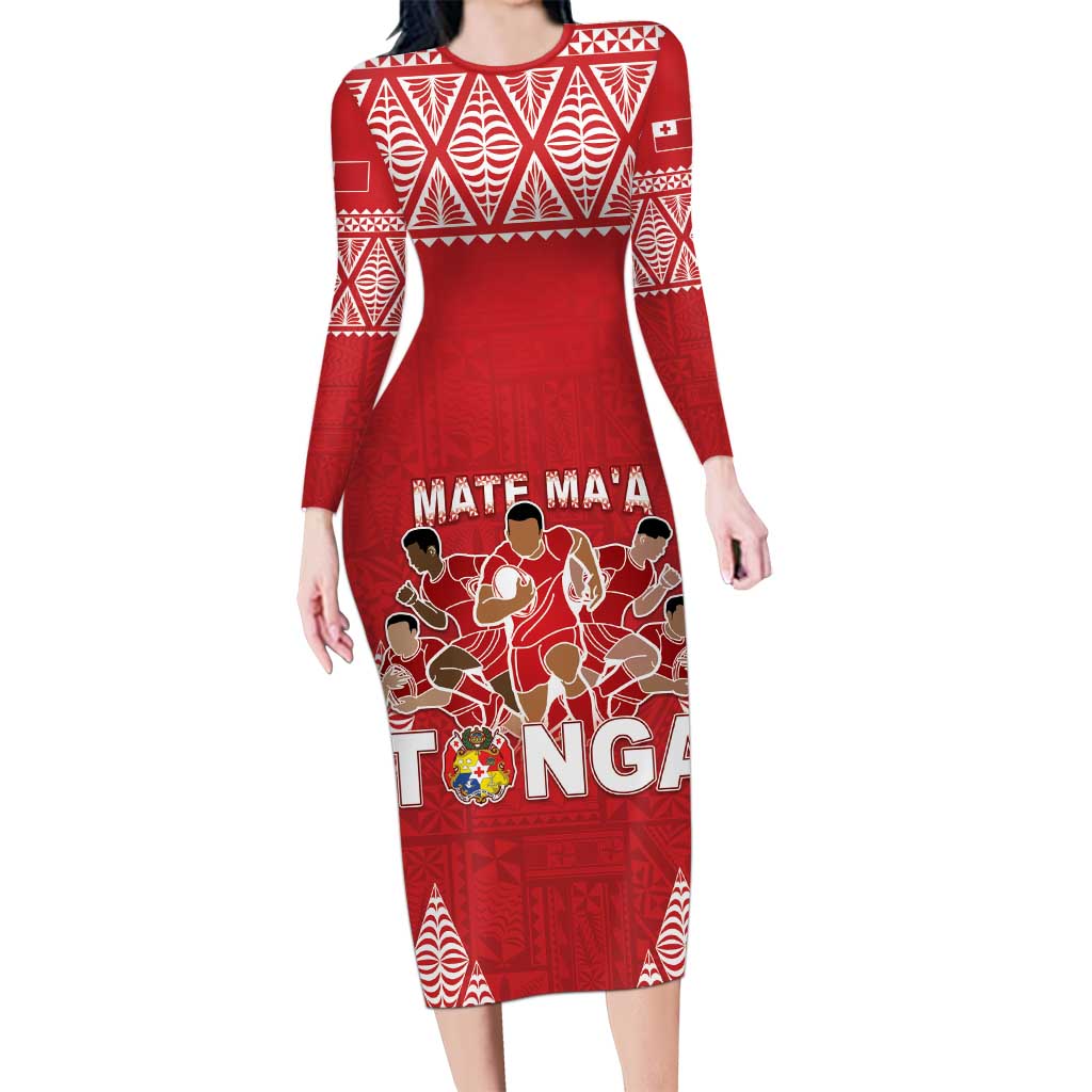 Custom Tonga Rugby Long Sleeve Bodycon Dress Tonga Mate Ma'a Take The Lead LT05 Long Dress Red - Polynesian Pride