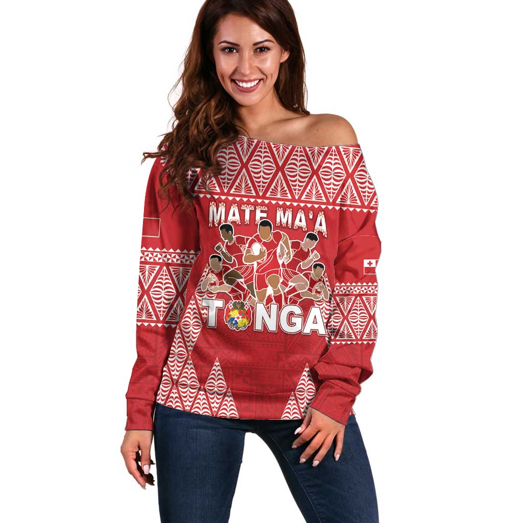 Custom Tonga Rugby Off Shoulder Sweater Tonga Mate Ma'a Take The Lead LT05 Women Red - Polynesian Pride