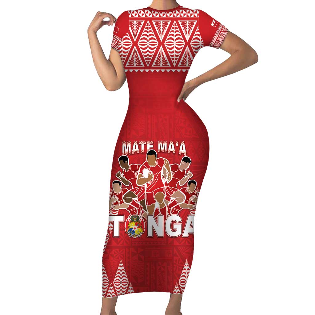 Custom Tonga Rugby Short Sleeve Bodycon Dress Tonga Mate Ma'a Take The Lead LT05 Long Dress Red - Polynesian Pride