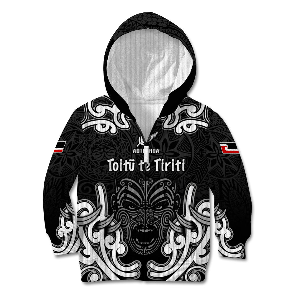Personalised Aotearoa Kid Hoodie Toitu Te Tiriti O Waitangi LT05 Zip Hoodie Black - Polynesian Pride
