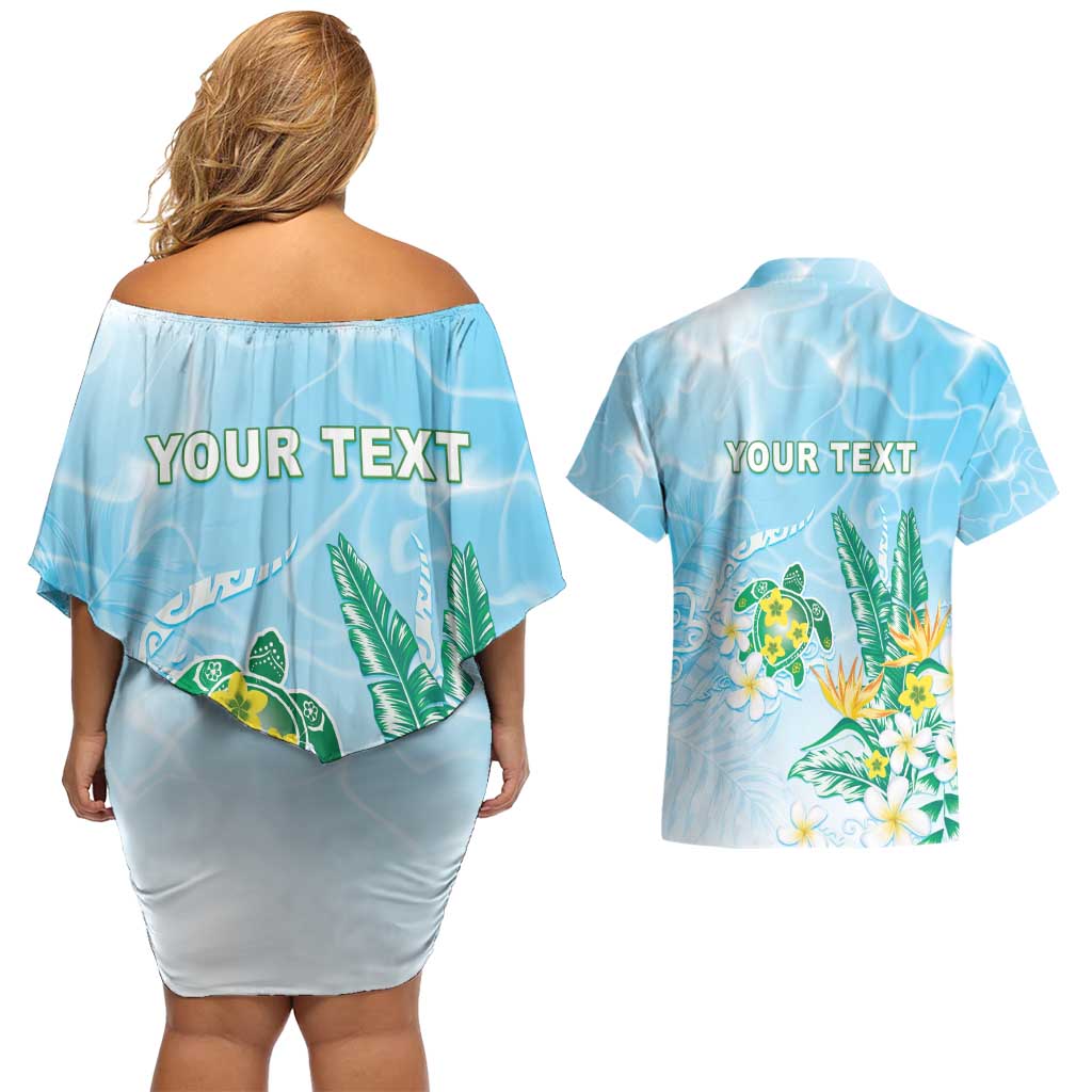 Personalised 2025 Aloha Hawaii Couples Matching Off Shoulder Short Dress and Hawaiian Shirt Tropical Flowers And Honu