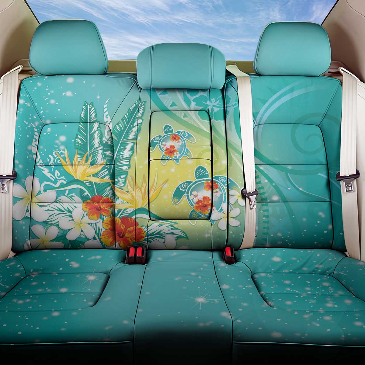 Hawaii Honu Back Car Seat Cover Tropical Flowers Turquoise Gradient