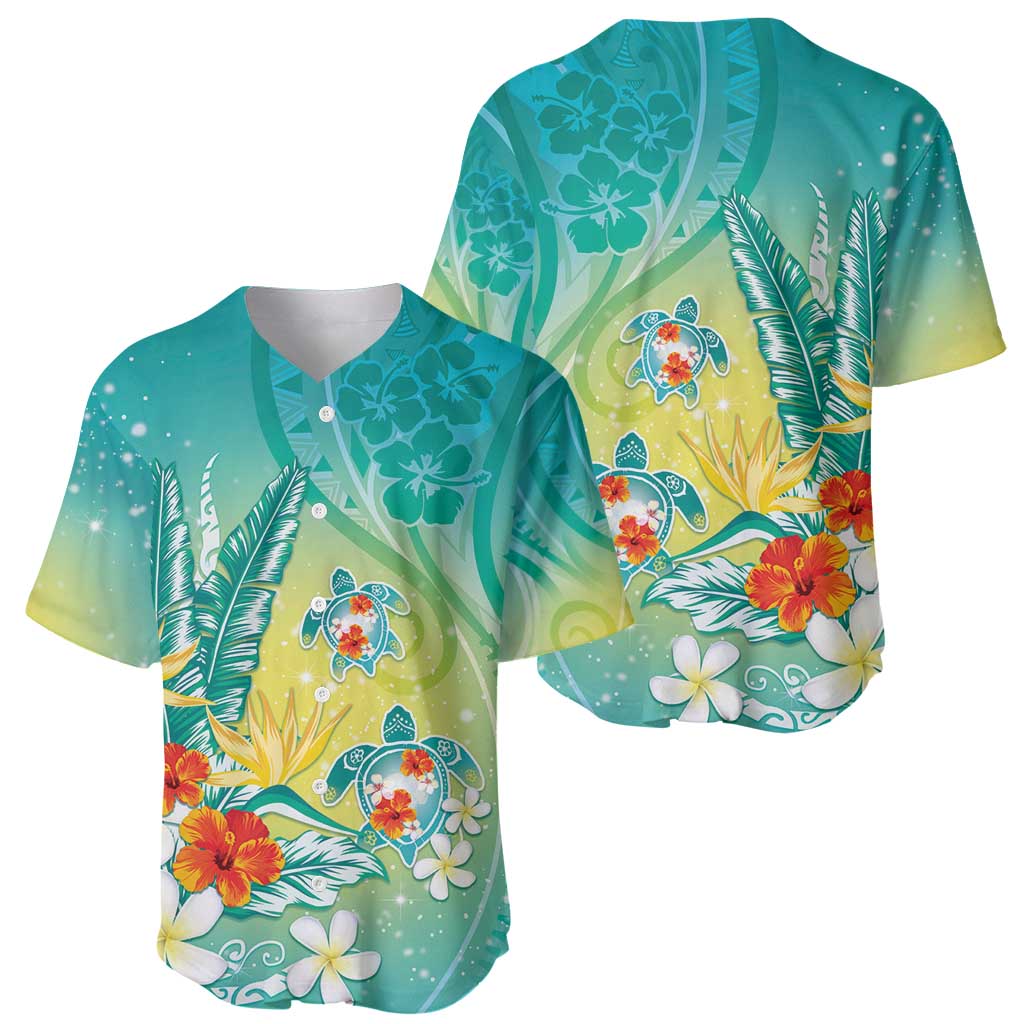 Hawaii Honu Baseball Jersey Tropical Flowers Turquoise Gradient LT05 - Polynesian Pride
