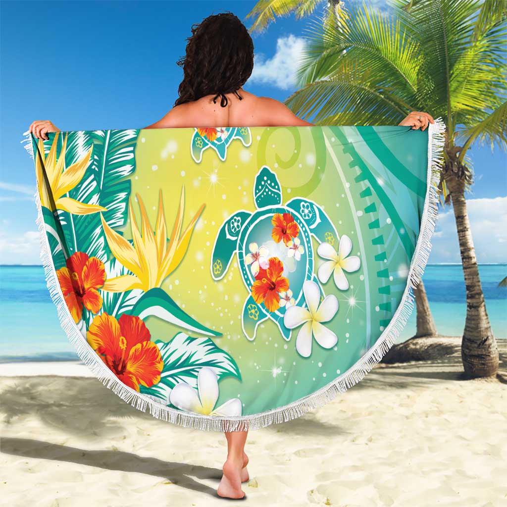 Hawaii Honu Beach Blanket Tropical Flowers Turquoise
