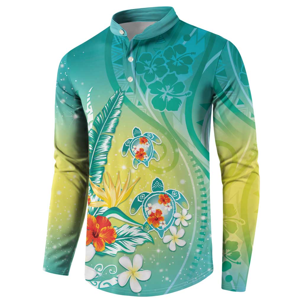 Hawaii Honu Button Sweatshirt Tropical Flowers Turquoise Gradient