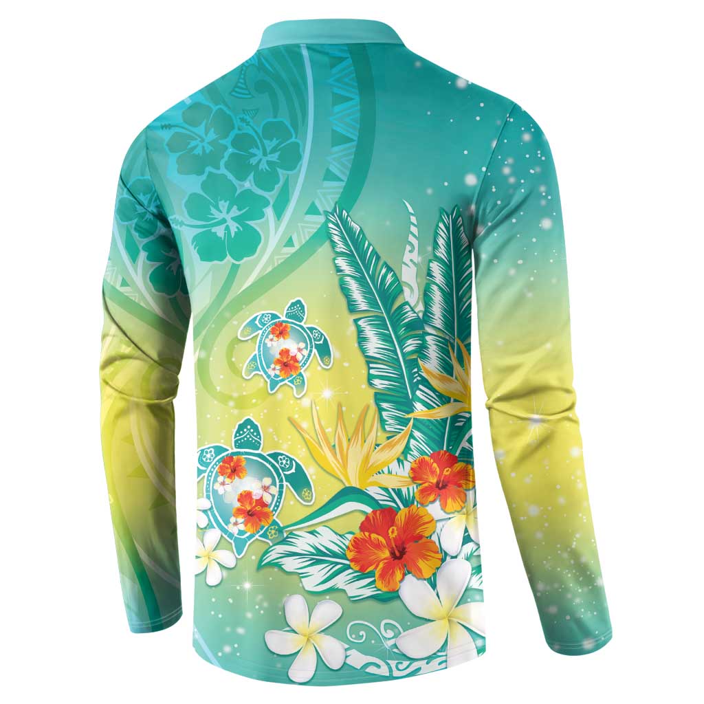 Hawaii Honu Button Sweatshirt Tropical Flowers Turquoise Gradient