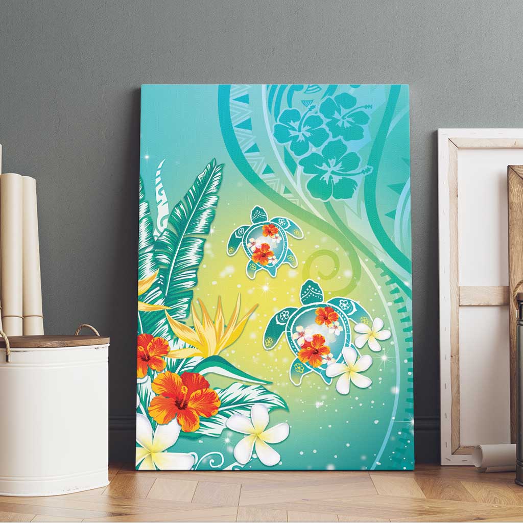 Hawaii Honu Canvas Wall Art Tropical Flowers Turquoise Gradient