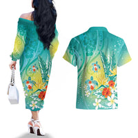 Hawaii Honu Couples Matching Off The Shoulder Long Sleeve Dress and Hawaiian Shirt Tropical Flowers Turquoise Gradient