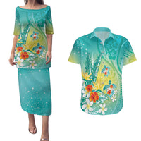 Hawaii Honu Couples Matching Puletasi and Hawaiian Shirt Tropical Flowers Turquoise Gradient LT05 Turquoise - Polynesian Pride