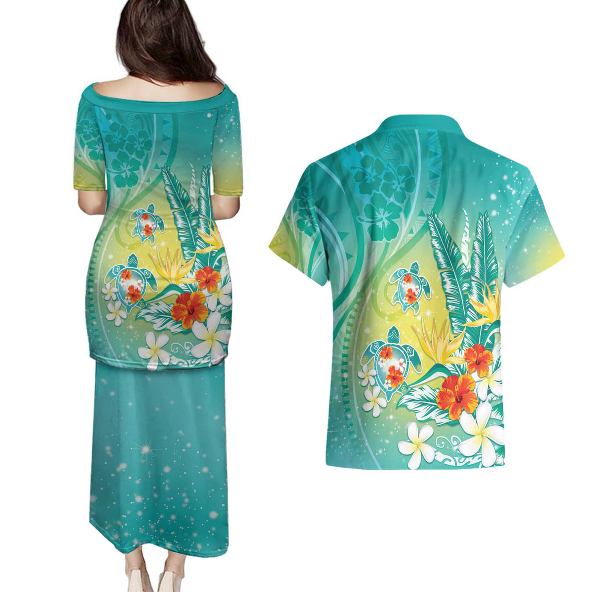 Hawaii Honu Couples Matching Puletasi and Hawaiian Shirt Tropical Flowers Turquoise Gradient LT05 - Polynesian Pride