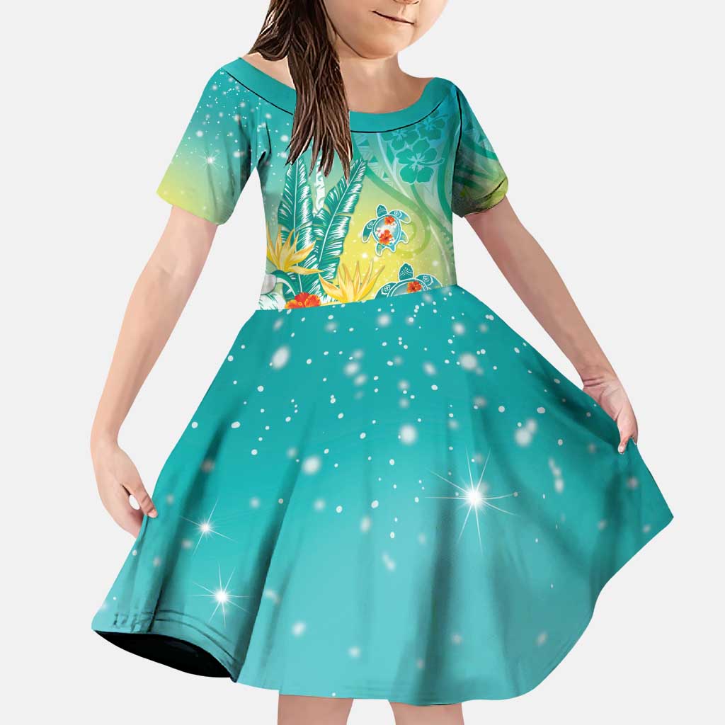 Hawaii Honu Family Matching Puletasi and Hawaiian Shirt Tropical Flowers Turquoise Gradient