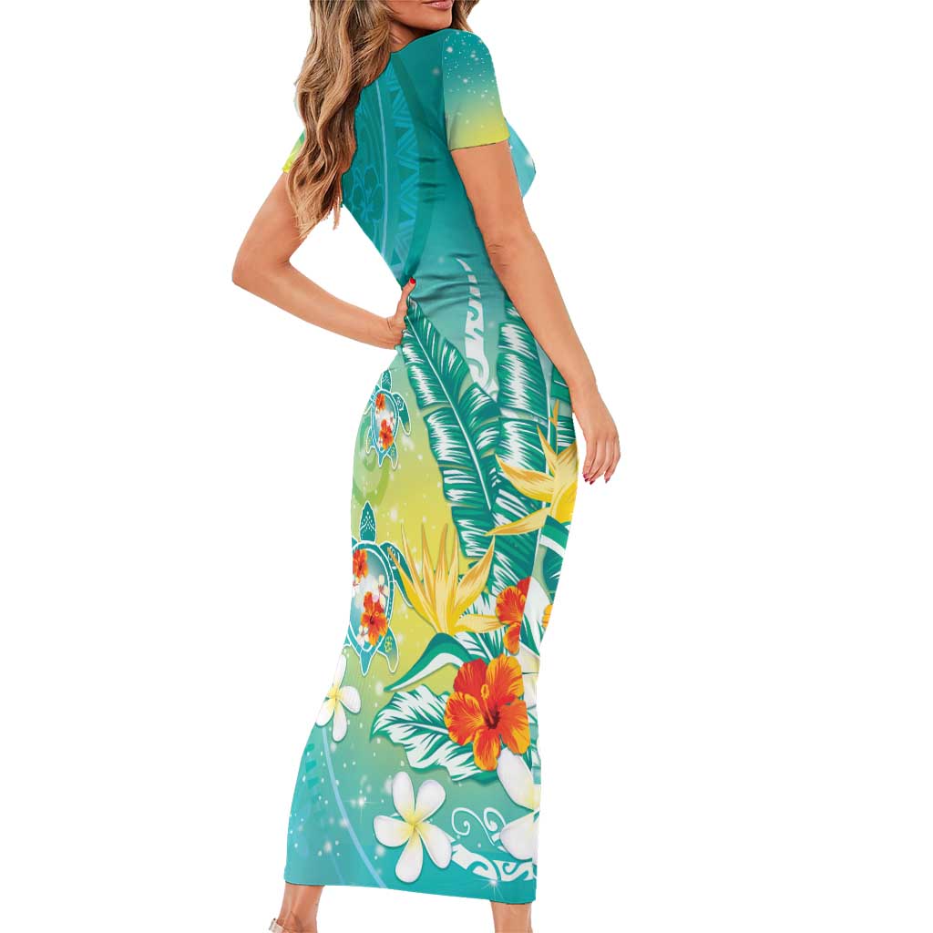 Hawaii Honu Family Matching Short Sleeve Bodycon Dress and Hawaiian Shirt Tropical Flowers Turquoise Gradient
