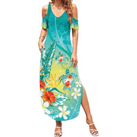 Hawaii Honu Family Matching Summer Maxi Dress and Hawaiian Shirt Tropical Flowers Turquoise Gradient