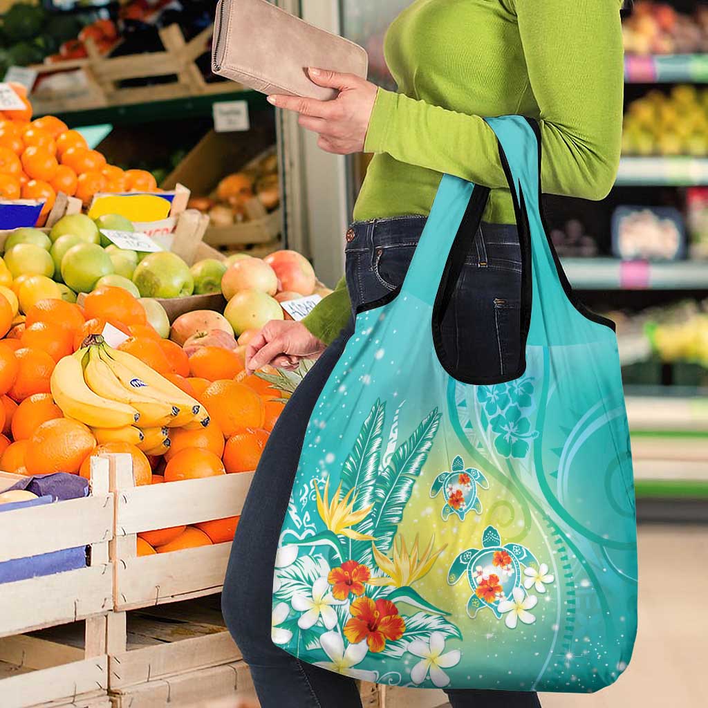 Hawaii Honu Grocery Bag Tropical Flowers Turquoise Gradient