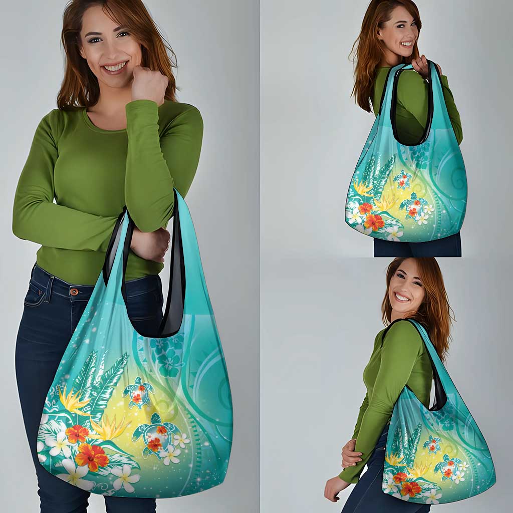 Hawaii Honu Grocery Bag Tropical Flowers Turquoise Gradient
