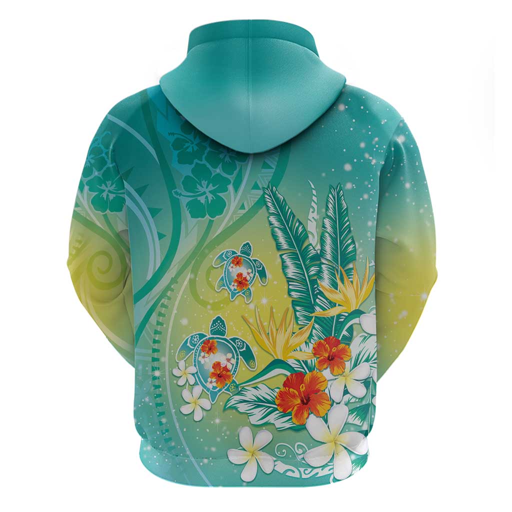 Hawaii Honu Hoodie Tropical Flowers Turquoise Gradient