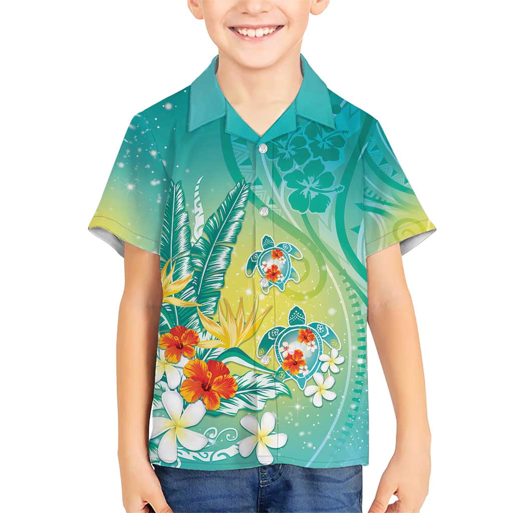 Hawaii Honu Kid Hawaiian Shirt Tropical Flowers Turquoise Gradient LT05 Kid Turquoise - Polynesian Pride