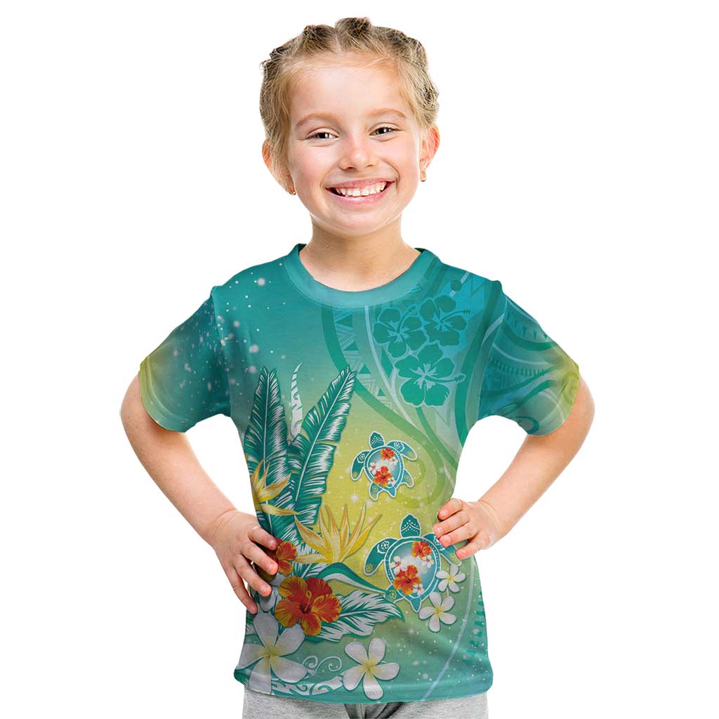 Hawaii Honu Kid T Shirt Tropical Flowers Turquoise Gradient LT05 Turquoise - Polynesian Pride