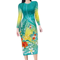 Hawaii Honu Long Sleeve Bodycon Dress Tropical Flowers Turquoise Gradient LT05 Long Dress Turquoise - Polynesian Pride