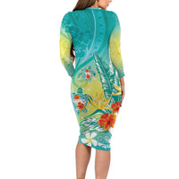 Hawaii Honu Long Sleeve Bodycon Dress Tropical Flowers Turquoise Gradient LT05 - Polynesian Pride