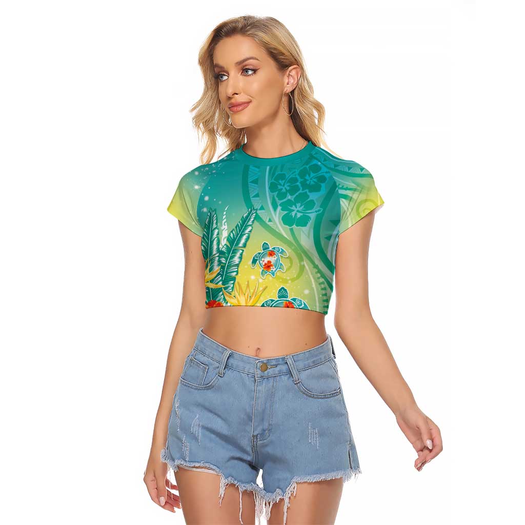 Hawaii Honu Raglan Cropped T Shirt Tropical Flowers Turquoise Gradient LT05 Female Turquoise - Polynesian Pride