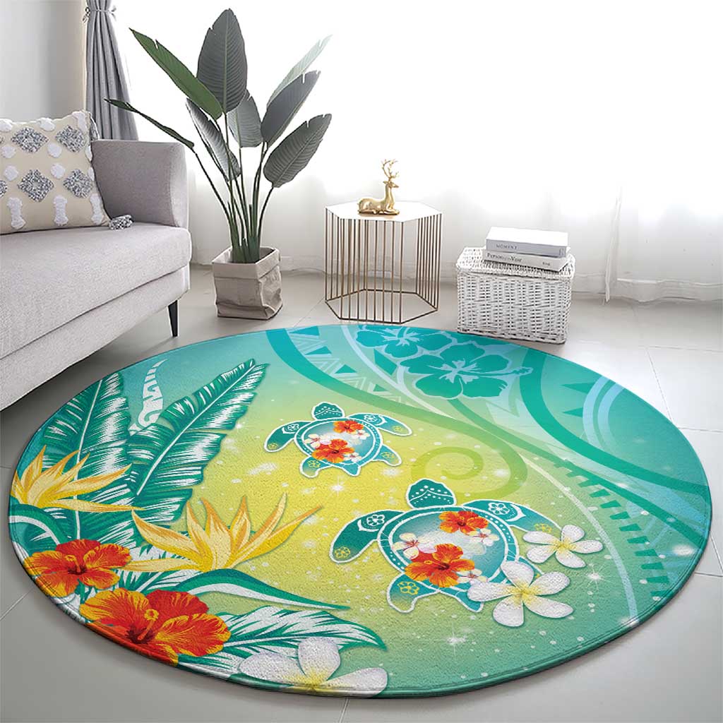 Hawaii Honu Round Carpet Tropical Flowers Turquoise Gradient LT05 - Polynesian Pride
