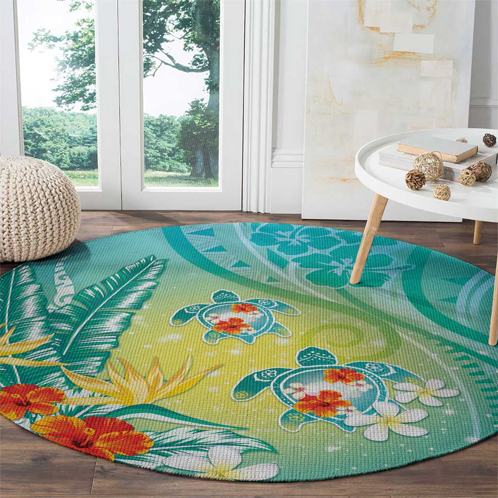 Hawaii Honu Round Carpet Tropical Flowers Turquoise Gradient LT05 - Polynesian Pride