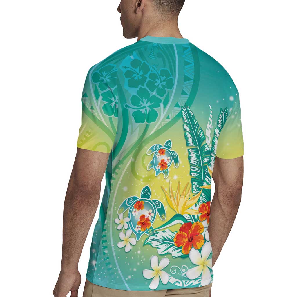 Hawaii Honu Rugby Jersey Tropical Flowers Turquoise Gradient