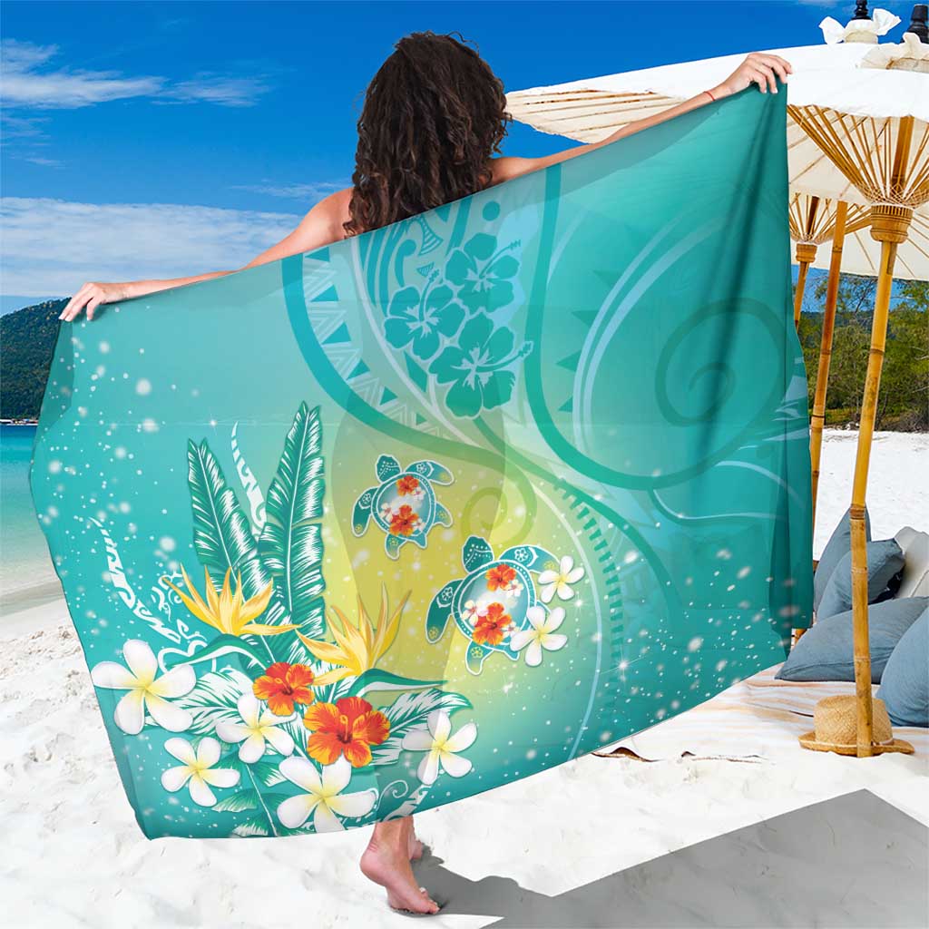 Hawaii Honu Sarong Tropical Flowers Turquoise Gradient LT05 One Size 44 x 66 inches Turquoise - Polynesian Pride