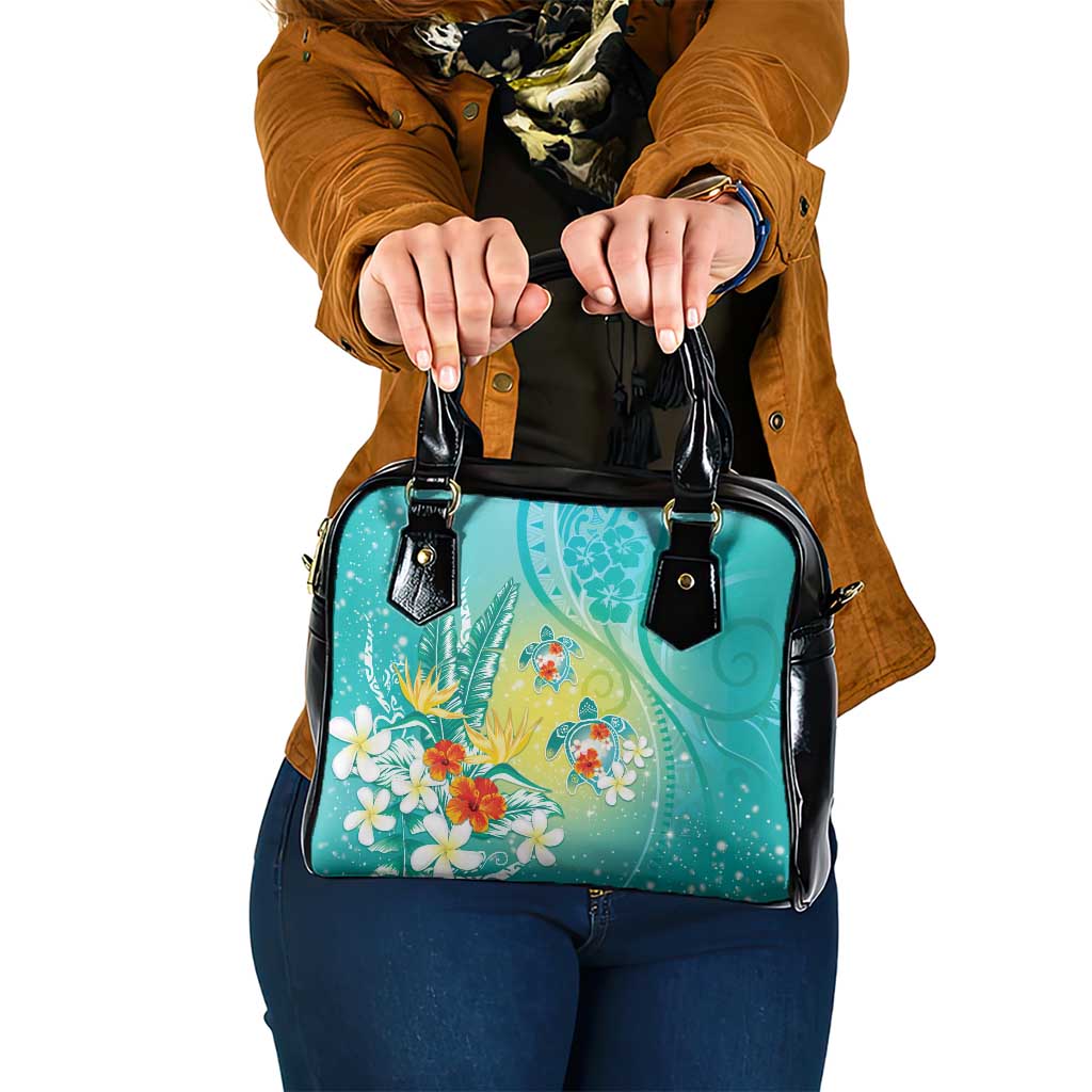 Hawaii Honu Shoulder Handbag Tropical Flowers Turquoise Gradient LT05 One Size Turquoise - Polynesian Pride
