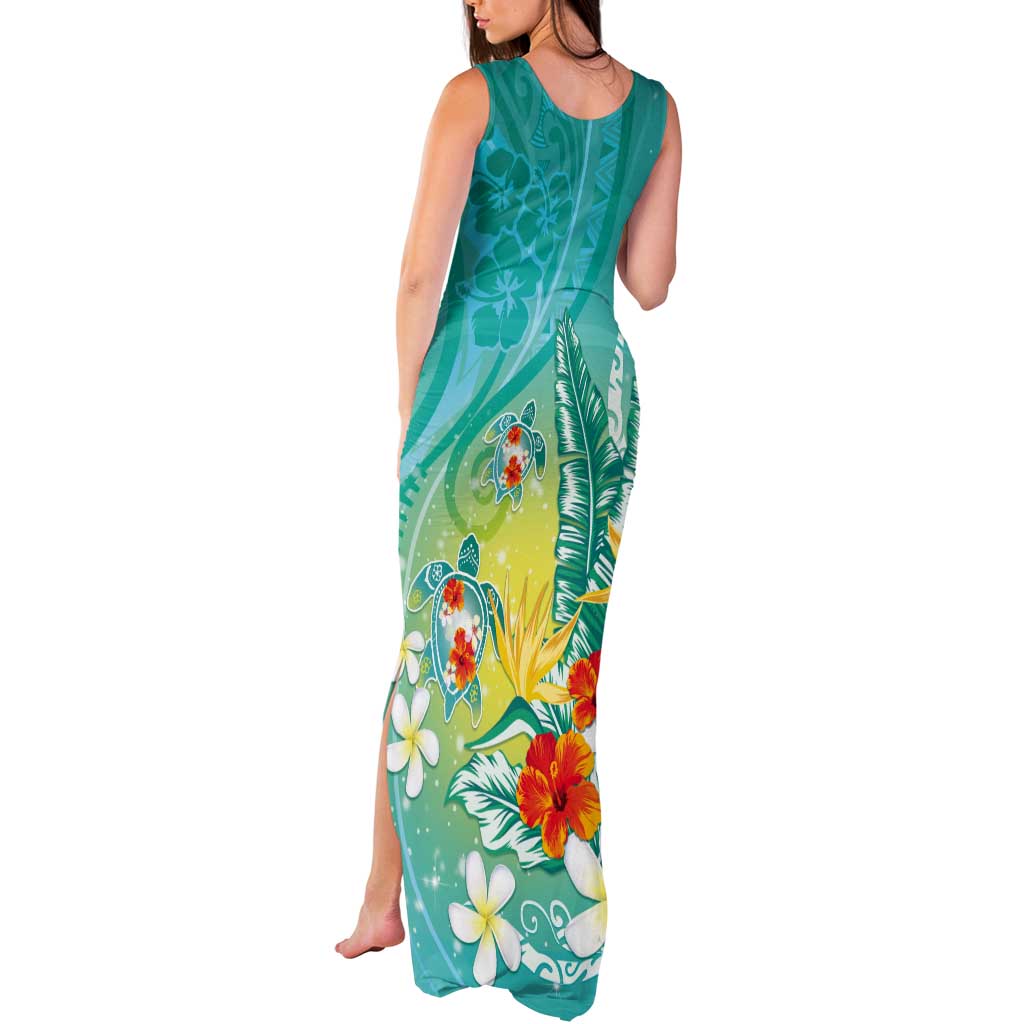 Hawaii Honu Tank Maxi Dress Tropical Flowers Turquoise Gradient
