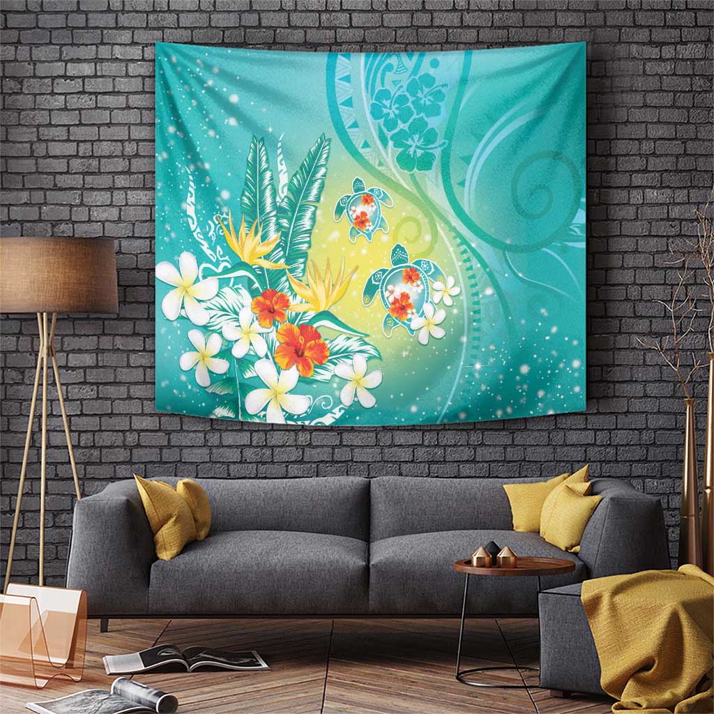 Hawaii Honu Tapestry Tropical Flowers Turquoise Gradient LT05 Turquoise - Polynesian Pride