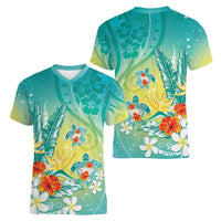 Hawaii Honu Women V-Neck T-Shirt Tropical Flowers Turquoise Gradient