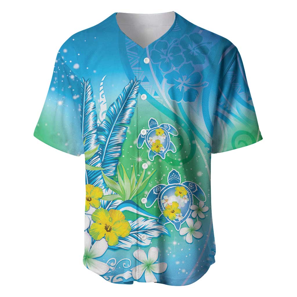 Hawaii Honu Baseball Jersey Tropical Flowers Blue Gradient LT05 Blue - Polynesian Pride