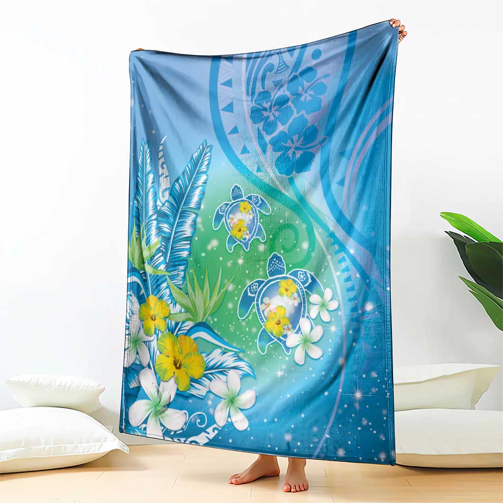 Hawaii Honu Blanket Tropical Flowers Blue Gradient