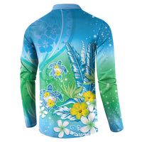 Hawaii Honu Button Sweatshirt Tropical Flowers Blue Gradient